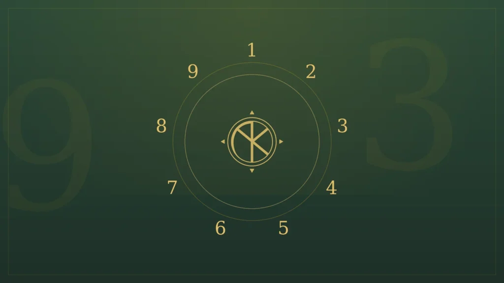 Numerology guide wheel showing the numbers 1 to 9 around the MahaVaastu compass logomark in gold on deep green