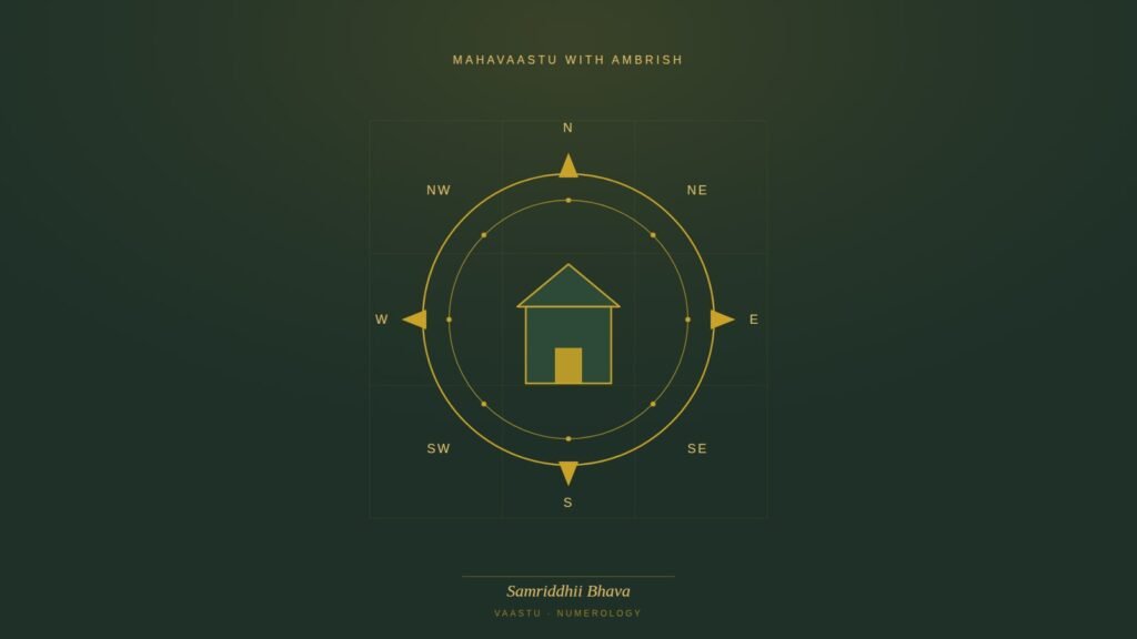 Residential vastu compass showing the eight directions of a home around a central house