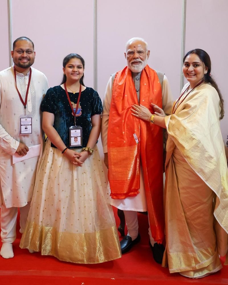Ambrish Kellkar and family with the Hon'ble Prime Minister of India at the Art of Living International Centre, Bengaluru, 10 May 2026